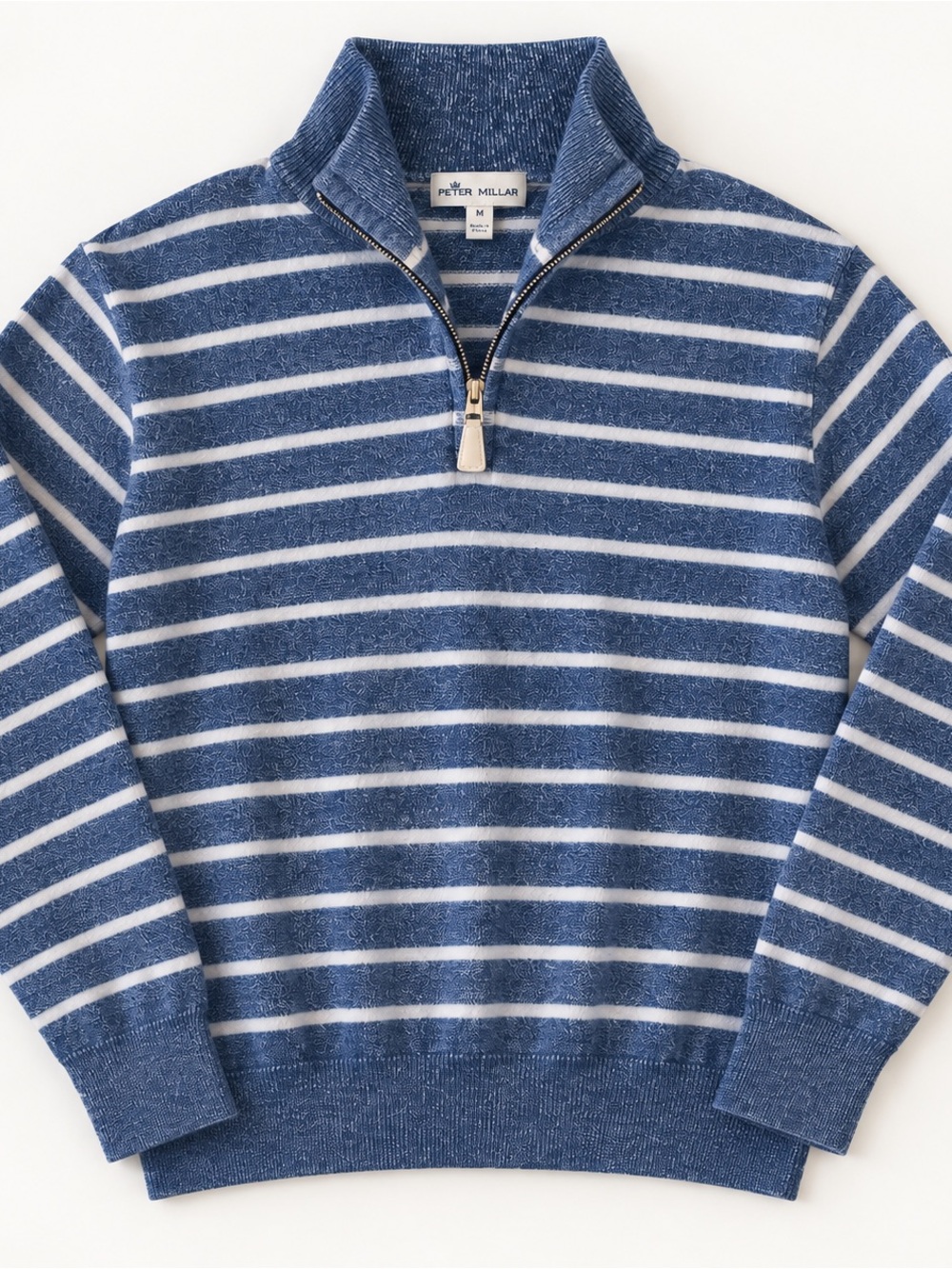 Peter Millar Blue and White Striped Half-Zip Sweater